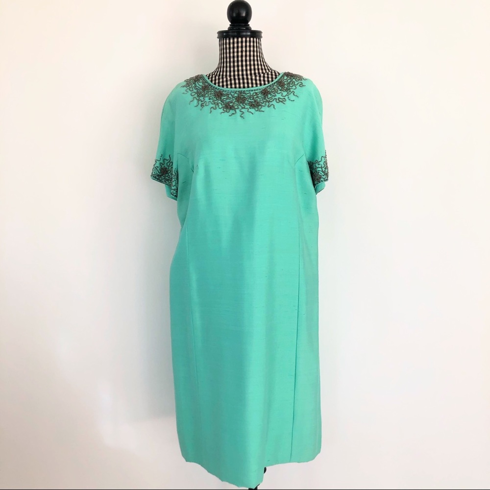 Vtg Teal Shantung Silk Beaded Shift Midi Dress